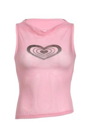 Style Core Aesthetics, New Style Trends - Heart Print See Through Tank Top