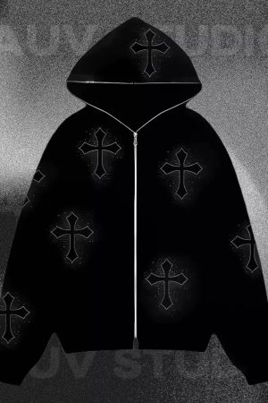 Style Core Aesthetics, New Style Trends - Hoodie Zippé avec des croix strass