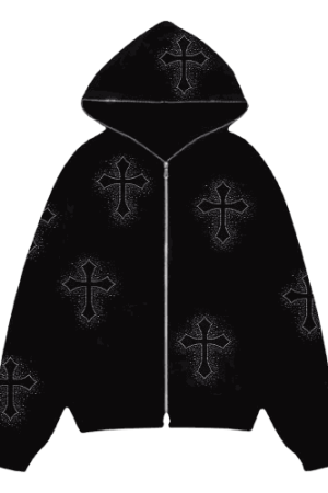 Style Core Aesthetics, New Style Trends - Hoodie Zippé avec des croix strass