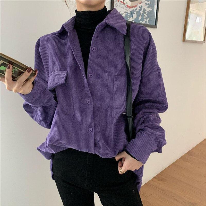 Style Core Aesthetics, New Style Trends - Indie Purple Corduroy Casual Shirt