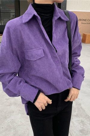 Style Core Aesthetics, New Style Trends - Indie Purple Corduroy Casual Shirt