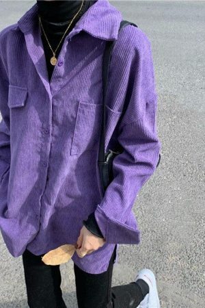 Style Core Aesthetics, New Style Trends - Indie Purple Corduroy Casual Shirt
