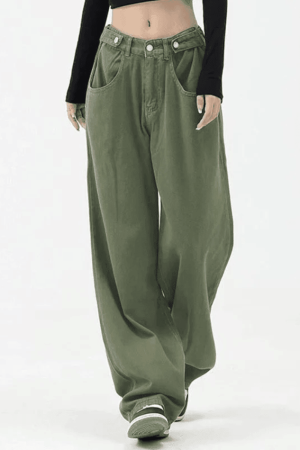 Style Core Aesthetics, New Style Trends - Jean boyfriend baggy vert boutonné