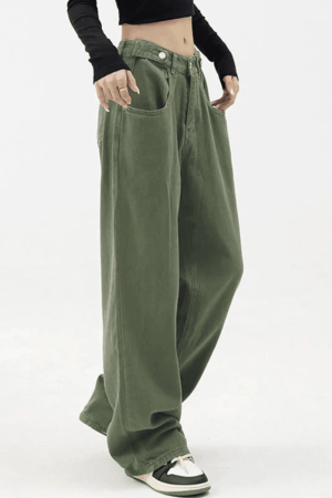 Style Core Aesthetics, New Style Trends - Jean boyfriend baggy vert boutonné