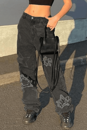 Style Core Aesthetics, New Style Trends - Jean boyfriend déchiré Vintage Star Patch