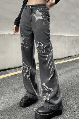 Style Core Aesthetics, New Style Trends - Jean boyfriend déchiré Vintage Star Patch