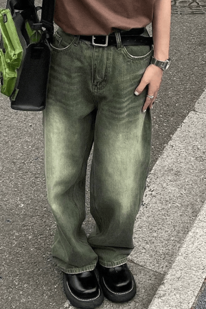 Style Core Aesthetics, New Style Trends - Jean boyfriend délavé vert vintage