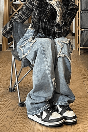 Style Core Aesthetics, New Style Trends - Jean boyfriend délavé vintage avec écusson étoile