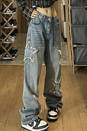 Style Core Aesthetics, New Style Trends - Jean boyfriend délavé vintage avec écusson étoile
