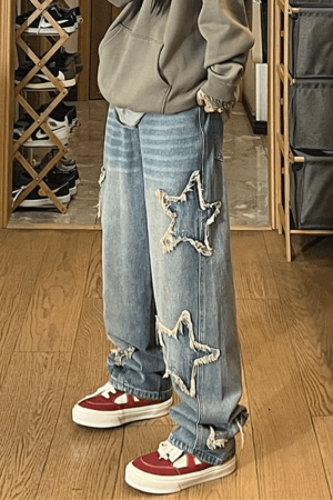 Style Core Aesthetics, New Style Trends - Jean boyfriend délavé vintage avec écusson étoile