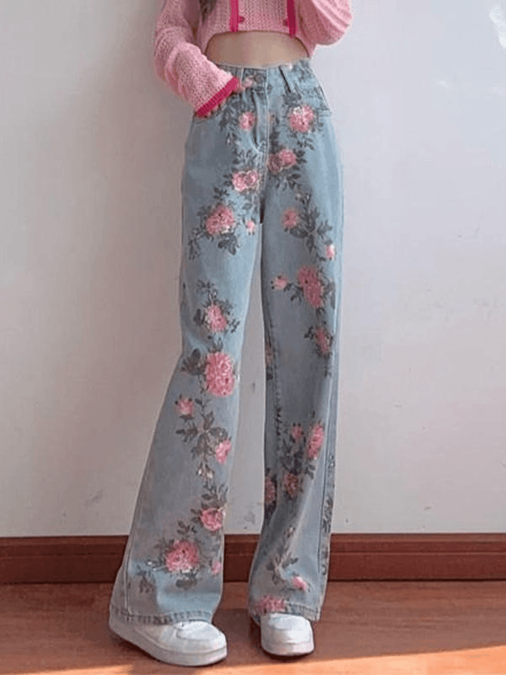 Style Core Aesthetics, New Style Trends - Jean boyfriend fleuri à taille haute Style Core Aesthetics, New Style Trends - Jean boyfriend fleuri à taille haute