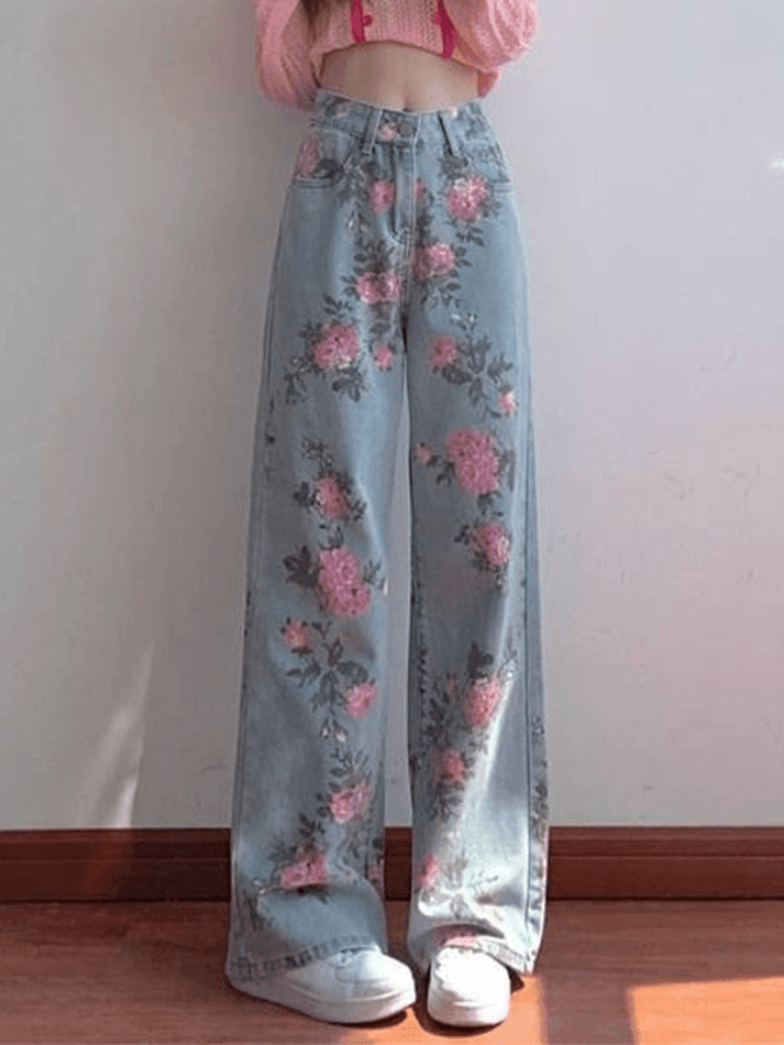 Style Core Aesthetics, New Style Trends - Jean boyfriend fleuri à taille haute Style Core Aesthetics, New Style Trends - Jean boyfriend fleuri à taille haute