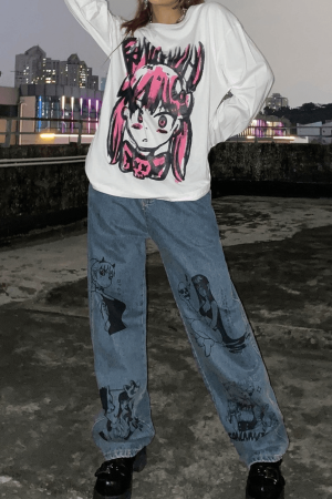 Style Core Aesthetics, New Style Trends - Jean boyfriend à imprimé graffiti