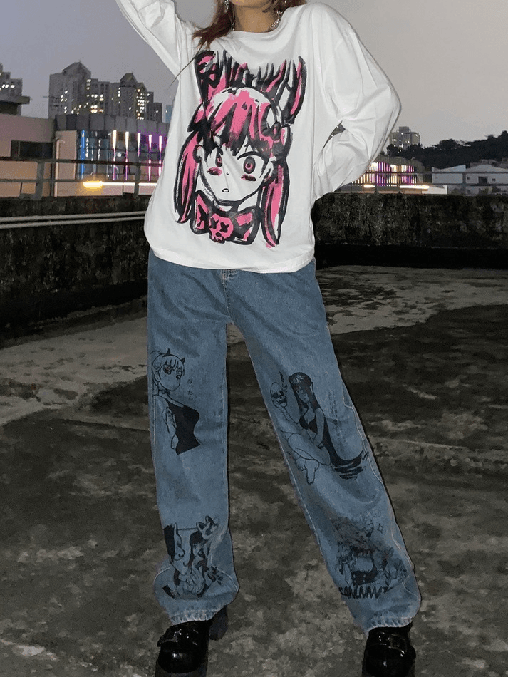 Style Core Aesthetics, New Style Trends - Jean boyfriend à imprimé graffiti Style Core Aesthetics, New Style Trends - Jean boyfriend à imprimé graffiti