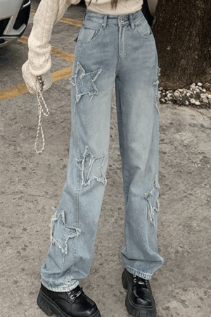 Style Core Aesthetics, New Style Trends - Jean boyfriend vintage à patch étoile et effet vieilli