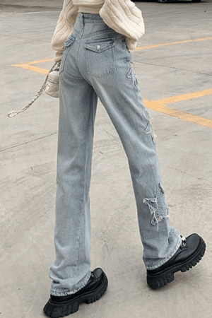 Style Core Aesthetics, New Style Trends - Jean boyfriend vintage à patch étoile et effet vieilli