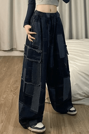 Style Core Aesthetics, New Style Trends - Jean cargo baggy à carreaux bleu vintage