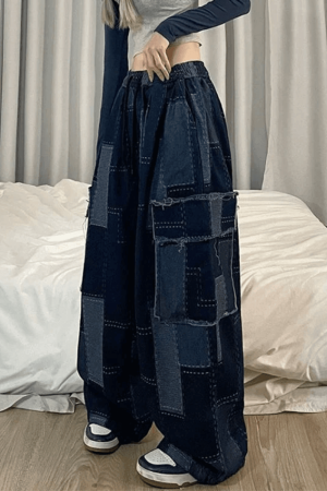 Style Core Aesthetics, New Style Trends - Jean cargo baggy à carreaux bleu vintage