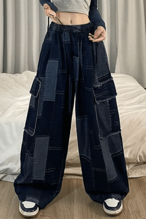 Style Core Aesthetics, New Style Trends - Jean cargo baggy à carreaux bleu vintage