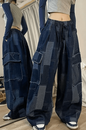 Style Core Aesthetics, New Style Trends - Jean cargo baggy à carreaux bleu vintage