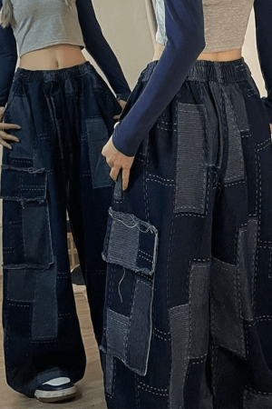 Style Core Aesthetics, New Style Trends - Jean cargo baggy à carreaux bleu vintage