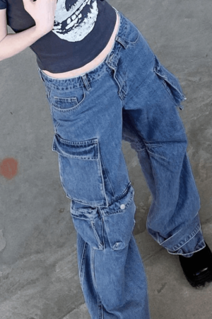 Style Core Aesthetics, New Style Trends - Jean cargo baggy à poches délavées vintage