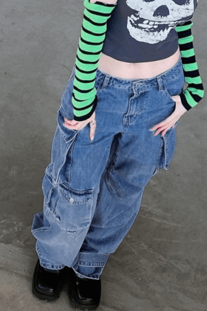 Style Core Aesthetics, New Style Trends - Jean cargo baggy à poches délavées vintage