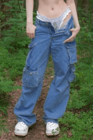 Style Core Aesthetics, New Style Trends - Jean cargo baggy à poches délavées vintage