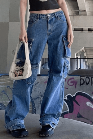 Style Core Aesthetics, New Style Trends - Jean cargo baggy à poches délavées vintage