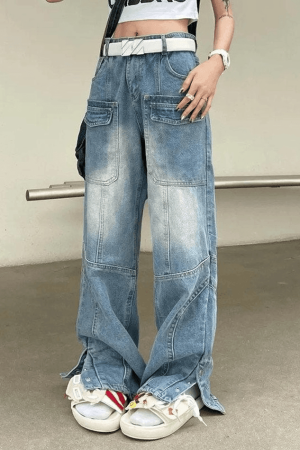 Style Core Aesthetics, New Style Trends - Jean cargo bleu fendu à boutons