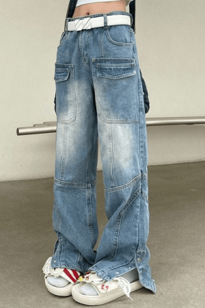 Style Core Aesthetics, New Style Trends - Jean cargo bleu fendu à boutons