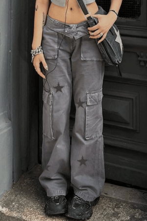 Style Core Aesthetics, New Style Trends - Jean cargo coupe boyfriend à imprimé étoiles vintage