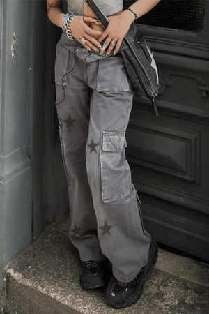 Style Core Aesthetics, New Style Trends - Jean cargo coupe boyfriend à imprimé étoiles vintage