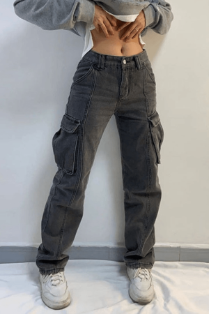 Style Core Aesthetics, New Style Trends - Jean cargo délavé à taille moyenne avec poche