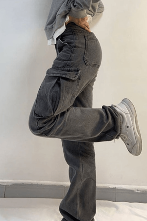 Style Core Aesthetics, New Style Trends - Jean cargo délavé à taille moyenne avec poche