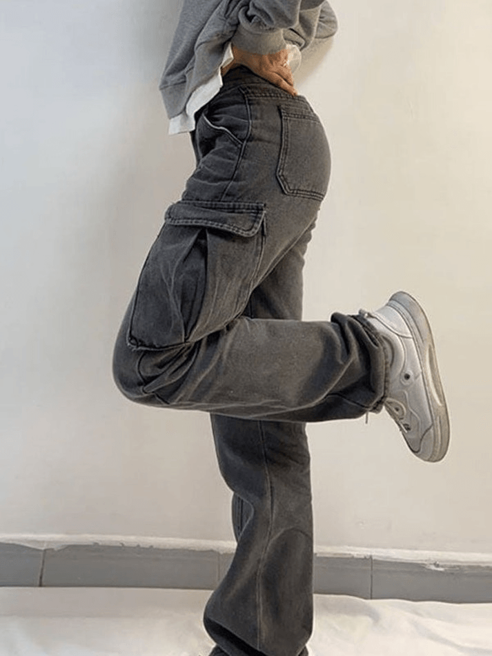 Style Core Aesthetics, New Style Trends - Jean cargo délavé à taille moyenne avec poche Style Core Aesthetics, New Style Trends - Jean cargo délavé à taille moyenne avec poche