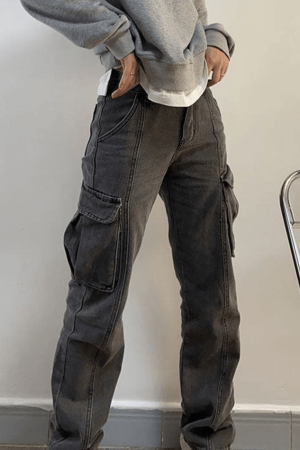 Style Core Aesthetics, New Style Trends - Jean cargo délavé à taille moyenne avec poche