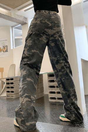 Style Core Aesthetics, New Style Trends - Jean cargo délavé vert camouflage