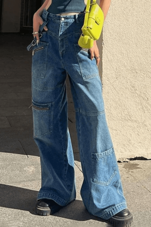 Style Core Aesthetics, New Style Trends - Jean cargo patchwork bleu délavé baggy