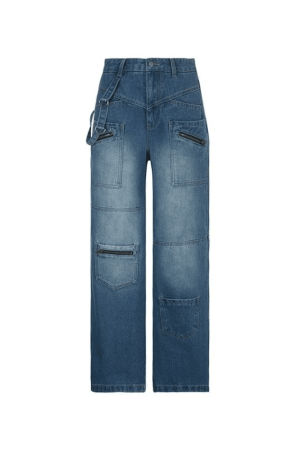 Style Core Aesthetics, New Style Trends - Jean cargo patchwork bleu délavé baggy