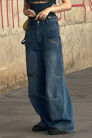 Style Core Aesthetics, New Style Trends - Jean cargo patchwork bleu délavé baggy
