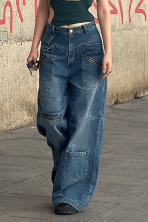 Style Core Aesthetics, New Style Trends - Jean cargo patchwork bleu délavé baggy