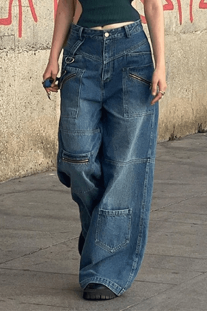 Style Core Aesthetics, New Style Trends - Jean cargo patchwork bleu délavé baggy
