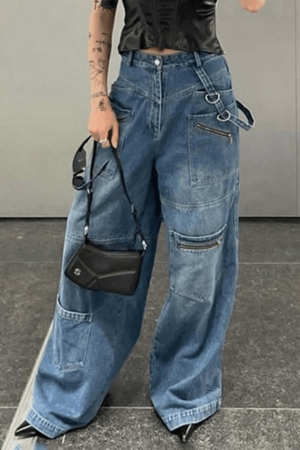 Style Core Aesthetics, New Style Trends - Jean cargo patchwork bleu délavé baggy