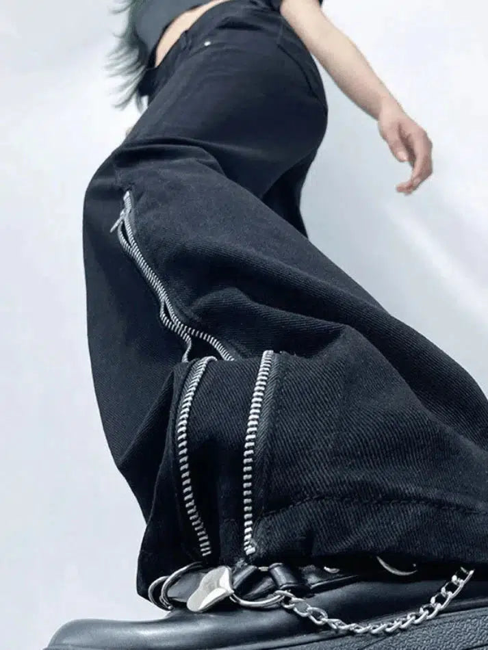 Style Core Aesthetics, New Style Trends - Jean cargo évasé à la cheville noir à fermeture éclair Style Core Aesthetics, New Style Trends - Jean cargo évasé à la cheville noir à fermeture éclair