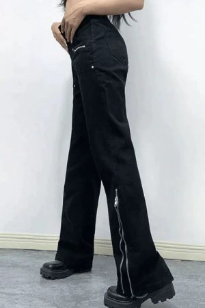 Style Core Aesthetics, New Style Trends - Jean cargo évasé à la cheville noir à fermeture éclair