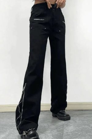 Style Core Aesthetics, New Style Trends - Jean cargo évasé à la cheville noir à fermeture éclair