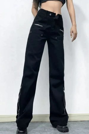 Style Core Aesthetics, New Style Trends - Jean cargo évasé à la cheville noir à fermeture éclair