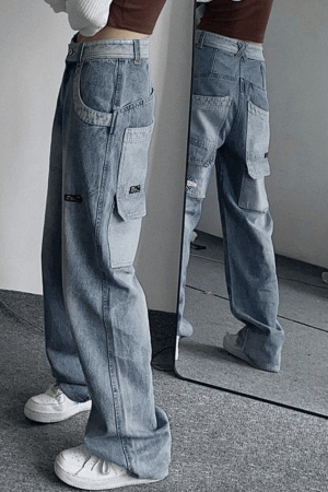 Style Core Aesthetics, New Style Trends - Jean cargo vintage à délavage clair et patchwork