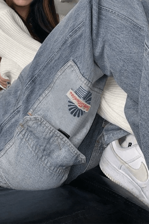 Style Core Aesthetics, New Style Trends - Jean cargo vintage à délavage clair et patchwork